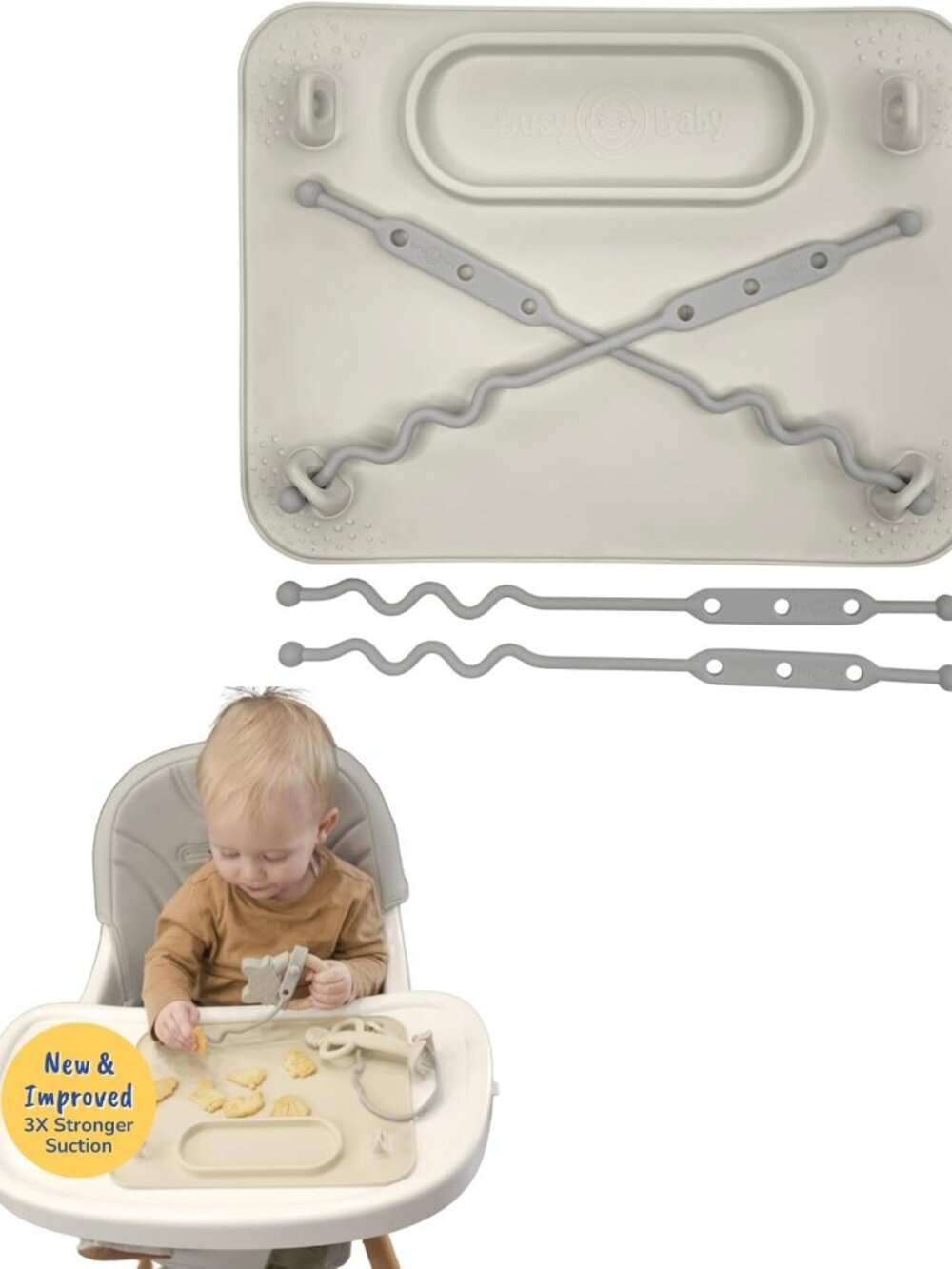 Busy Baby Silicone Mat NEW Suction Cups for Self Feeding with 4 Straps(Tan)